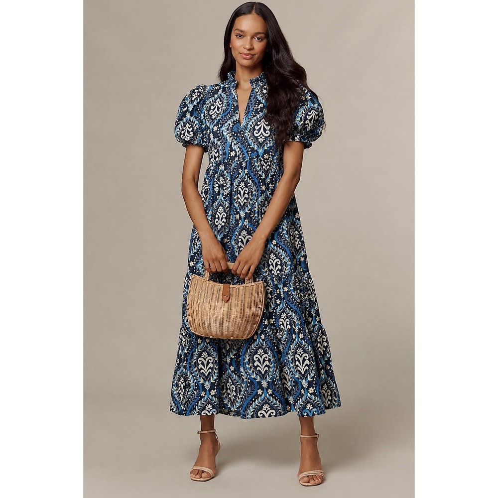 THML Blue Boho Tiered Midi Dress Cotton Puff Sleeve Mock Neck Size M
